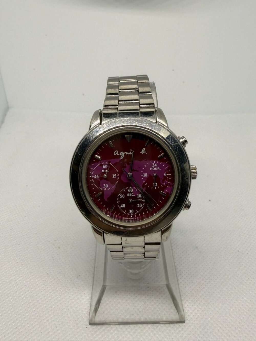 Agnès b. Chronograph Watch Magenta World Map Dial Stainless Steel Band V654-6100